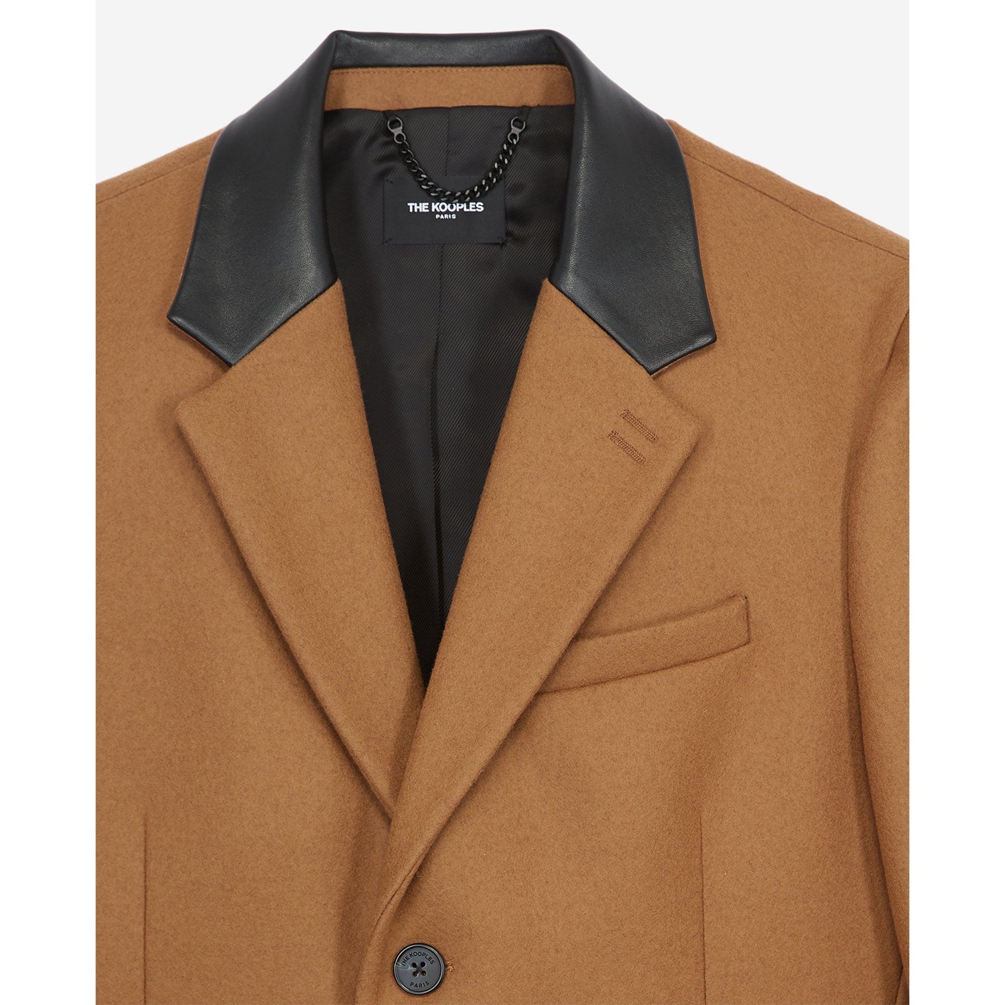 Leather Collar Belted Long Wool Coat | Men | Camel