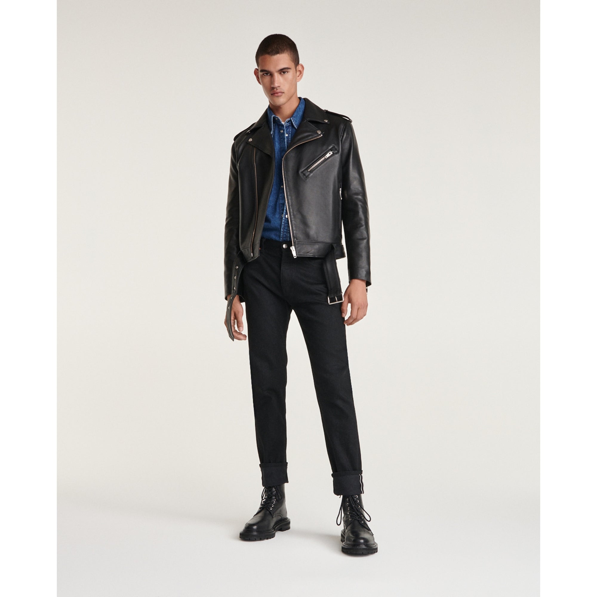 Leather Jacket With Belt And Zipper | Men | Black