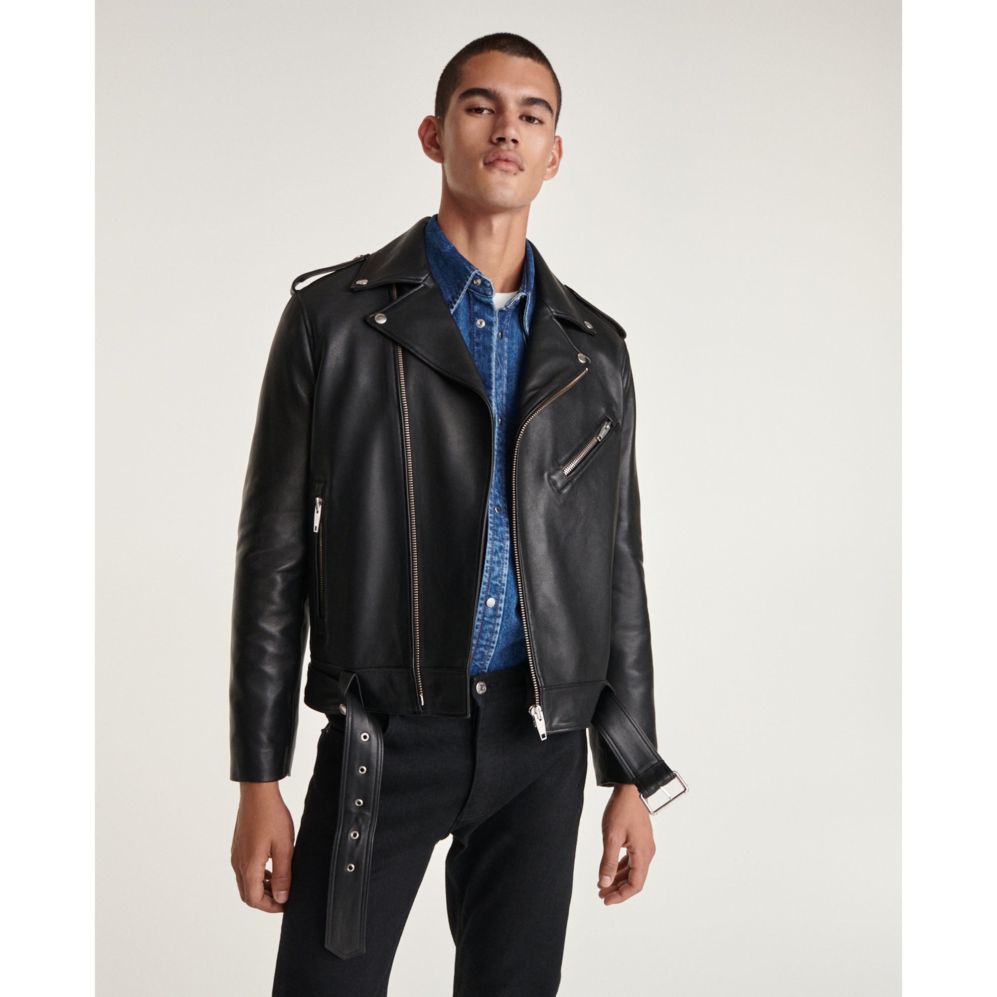 Leather Jacket With Belt And Zipper | Men | Black