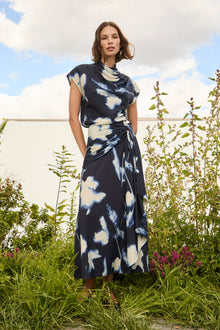 Abstract Floral Crepe Draped Top | Navy