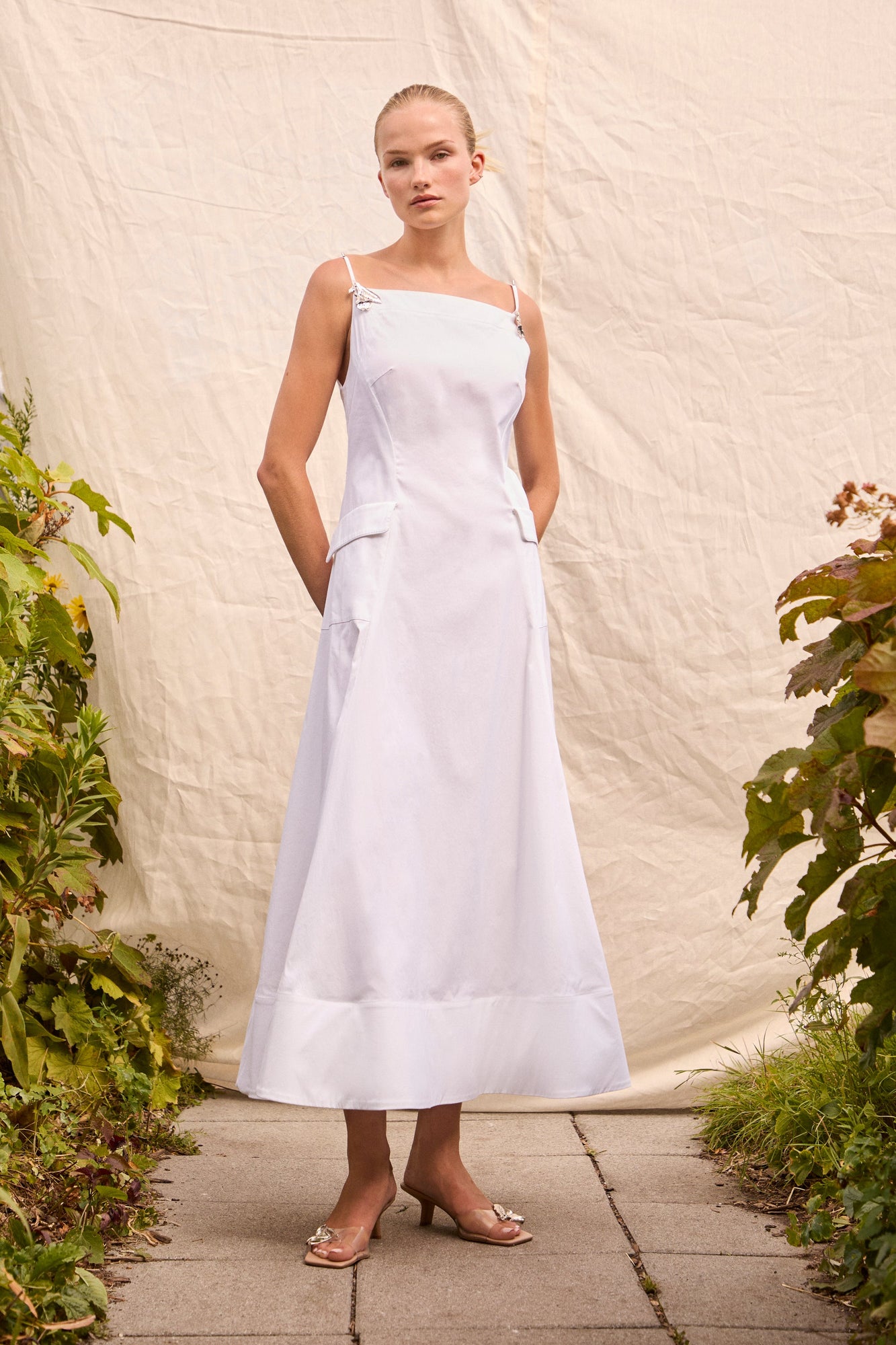 Cotton Poplin Belted Dress | White