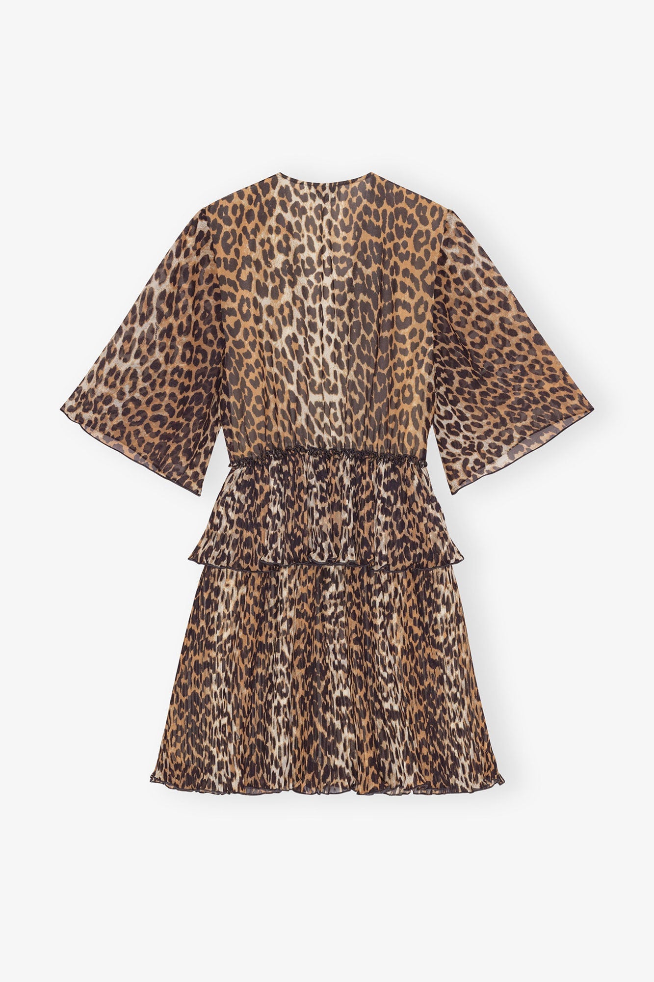 Leopard Pleated Georgette V neck Flounce Mini Dress | Almond Milk