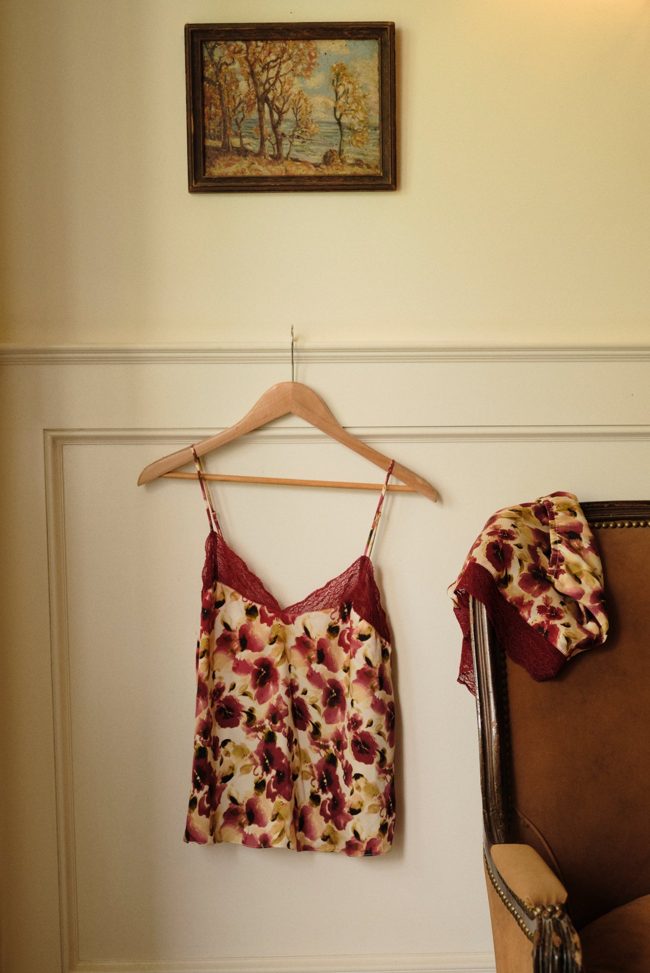 Image of  Washable Silk Lace Cami and Short in Botanical Flower Merlot