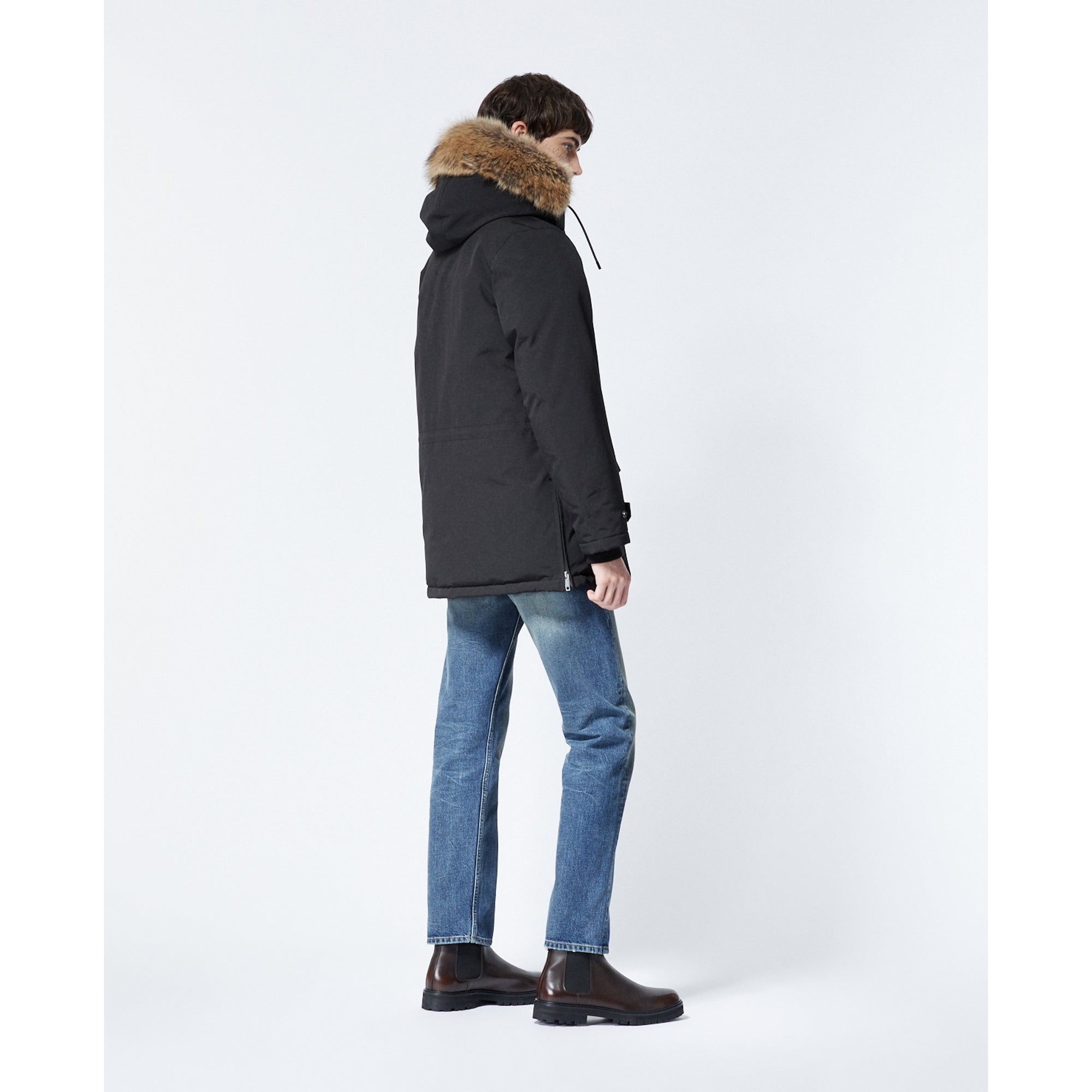 Long Parka With Leather Detail | Men | Black