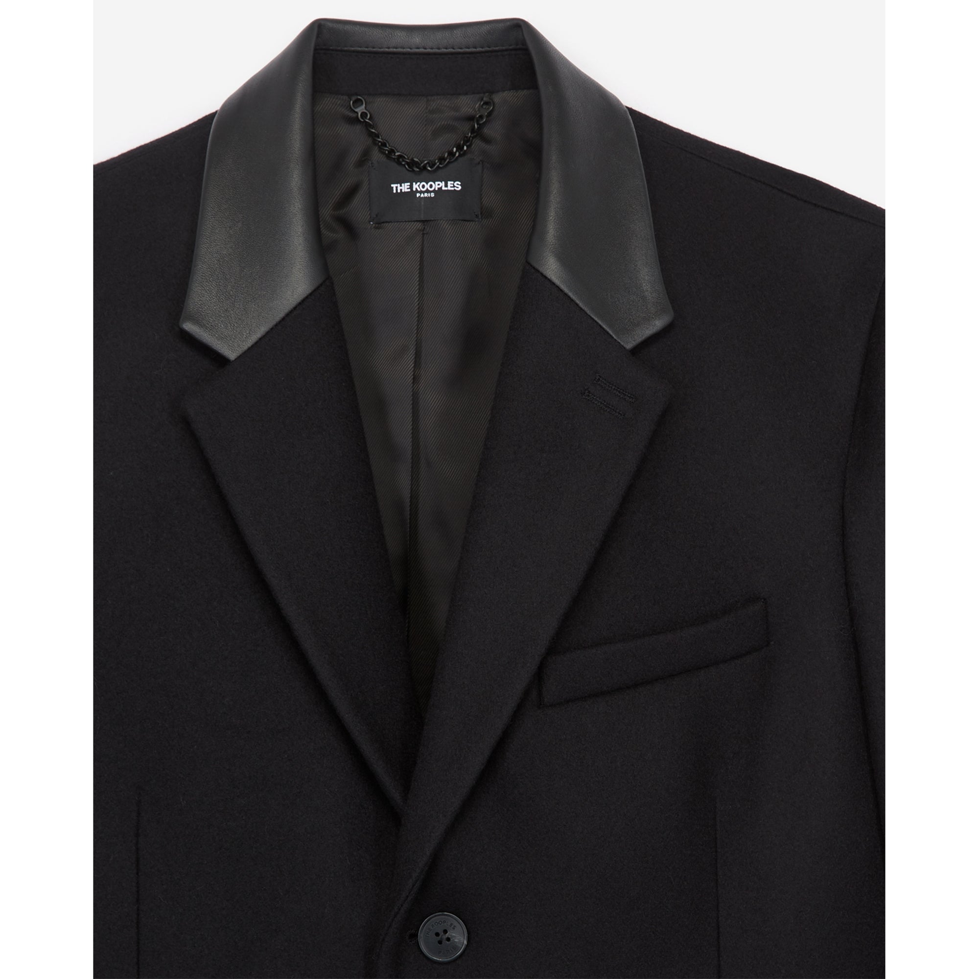 Long Wool Coat W/Leather Lapel Collar | Men | Black