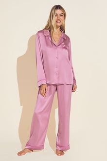 Model wears Inez Washable Silk Long PJ Set in foxglove.