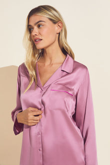 Model wears Inez Washable Silk Long PJ Set in foxglove.