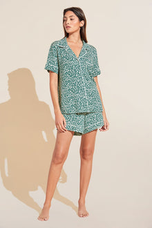 Model wears Gisele Printed TENCEL™ Modal Relaxed Short PJ Set in abstract agave/ivory print.