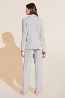 Model wears Gisele TENCELâ„¢ Modal Rib Long PJ Set in light heather grey.