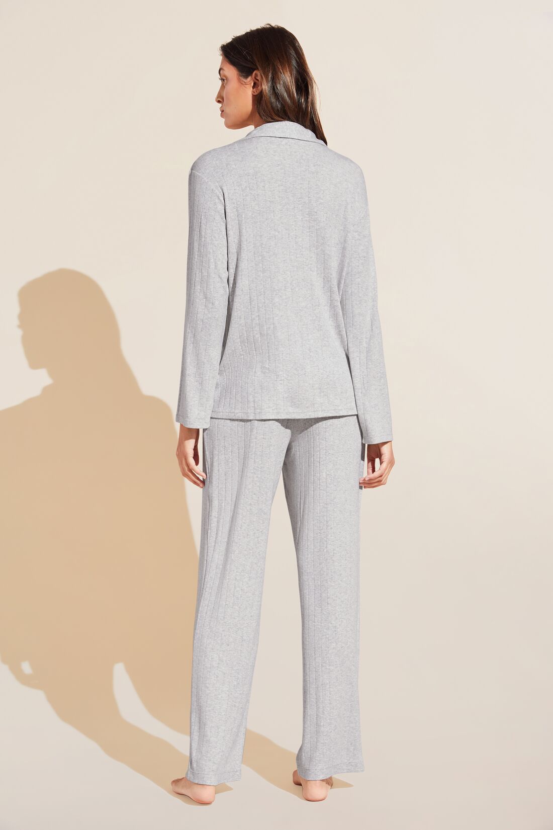 Model wears Gisele TENCELâ„¢ Modal Rib Long PJ Set in light heather grey.