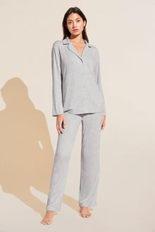 Model wears Gisele TENCELâ„¢ Modal Rib Long PJ Set in light heather grey.