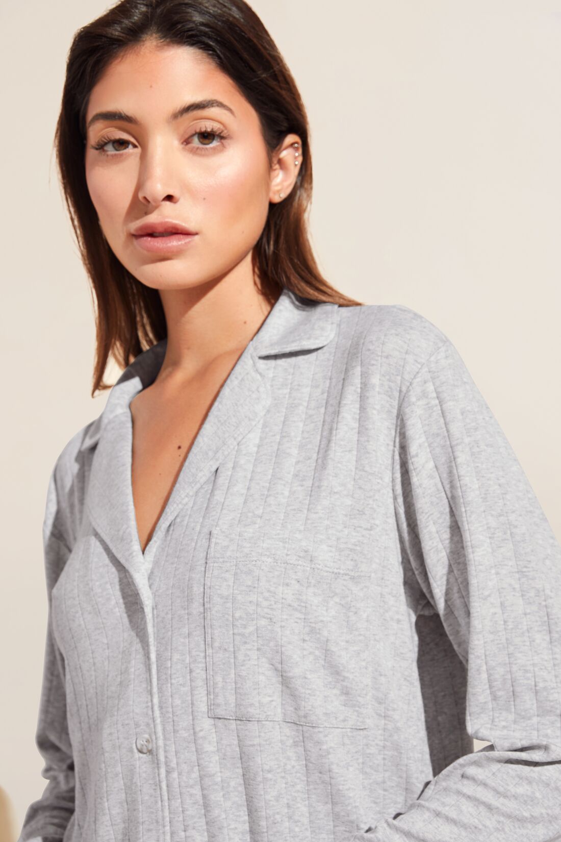 Model wears Gisele TENCELâ„¢ Modal Rib Long PJ Set in light heather grey.