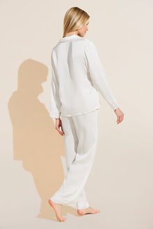 Model wears Inez Textured Washable Silk Long PJ Set in pearl.