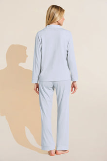 Model wears Organic Pima Cotton Notch Collar Top & Pant PJ Set in ice blue.