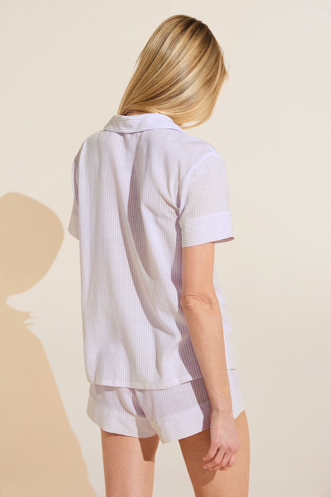 Model wears Nautico Shortie Short PJ Set in White/Lavender.