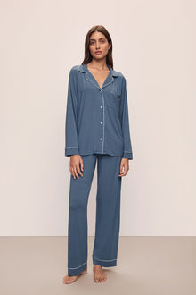 Model wears the Gisele TENCELâ„¢ Modal Long PJ Set in Coastal Blue/Ice Blue.