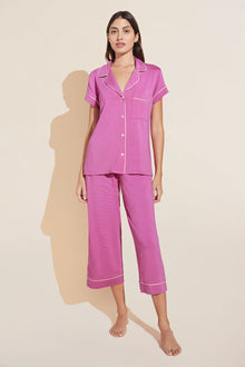 Model wears Gisele TENCELâ„¢ Modal Short Sleeve Cropped PJ Set in Italian Rose/Ivory.
