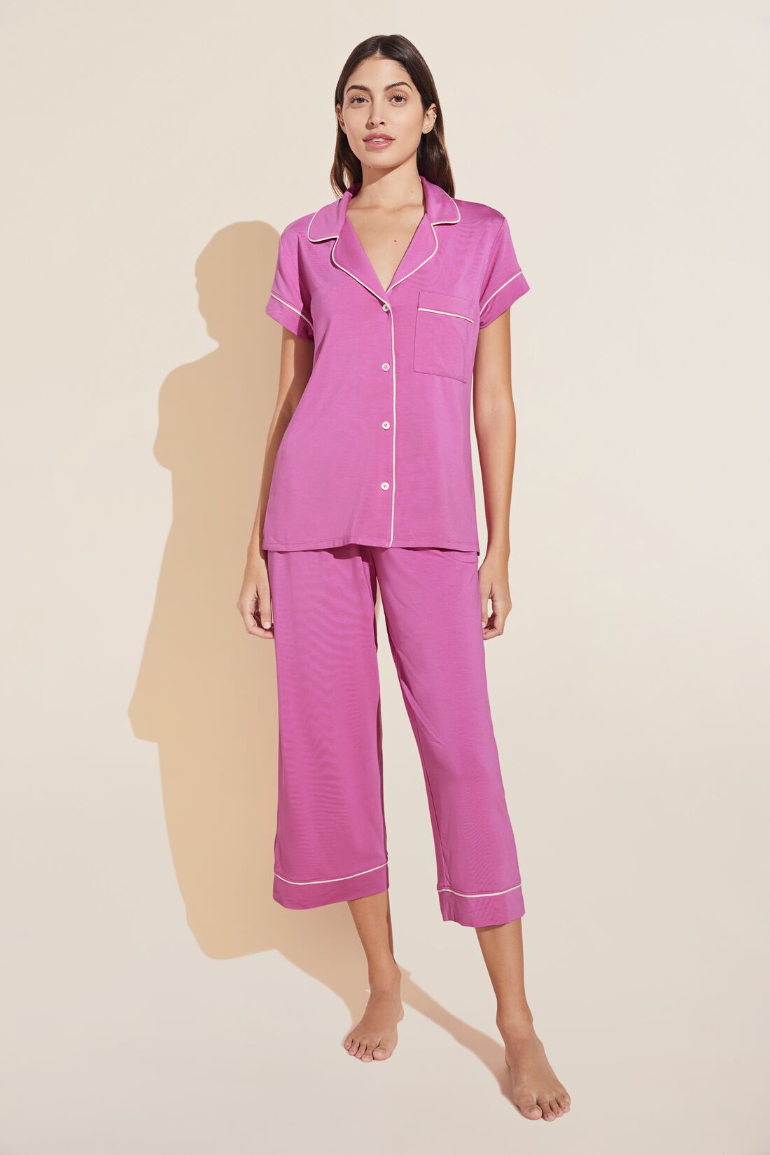 Model wears Gisele TENCELâ„¢ Modal Short Sleeve Cropped PJ Set in Italian Rose/Ivory.