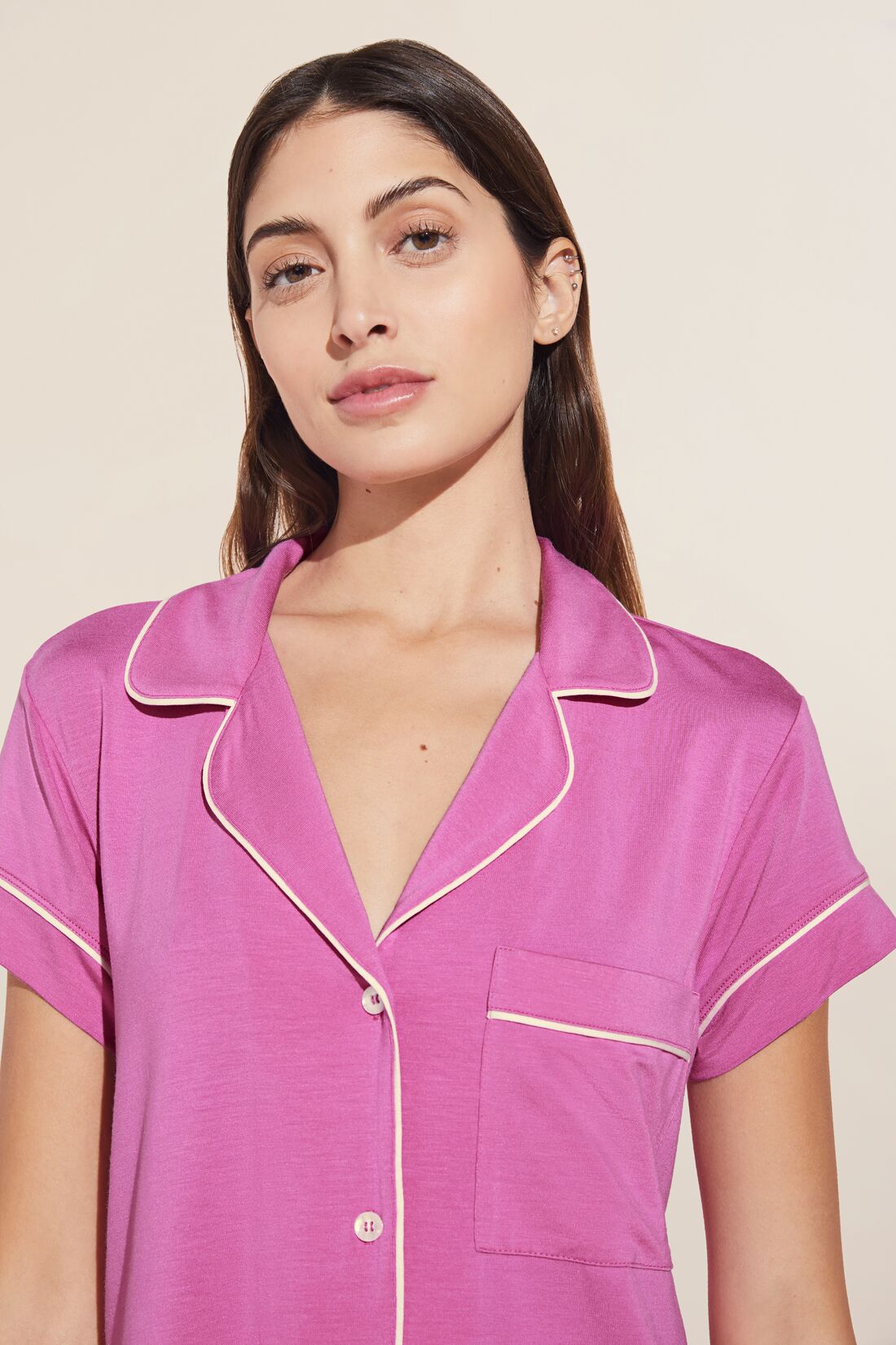 Model wears Gisele TENCELâ„¢ Modal Short Sleeve Cropped PJ Set in Italian Rose/Ivory.