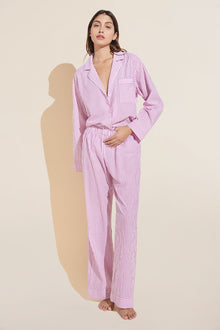 Women | Organic Sandwashed Cotton Woven Long PJ Set | Nautico Stripe Italian Rose