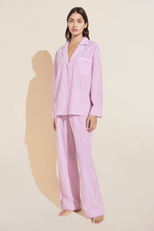 Women | Organic Sandwashed Cotton Woven Long PJ Set | Nautico Stripe Italian Rose