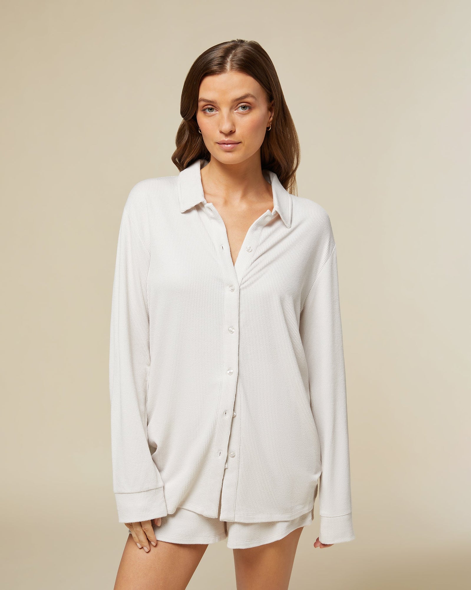 Ribbed Button Down Shirt | White Sand