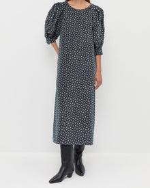 Maxwell Dress in blue ditsy floral cotton and Cleo Black Leather Mid Calf Boot.