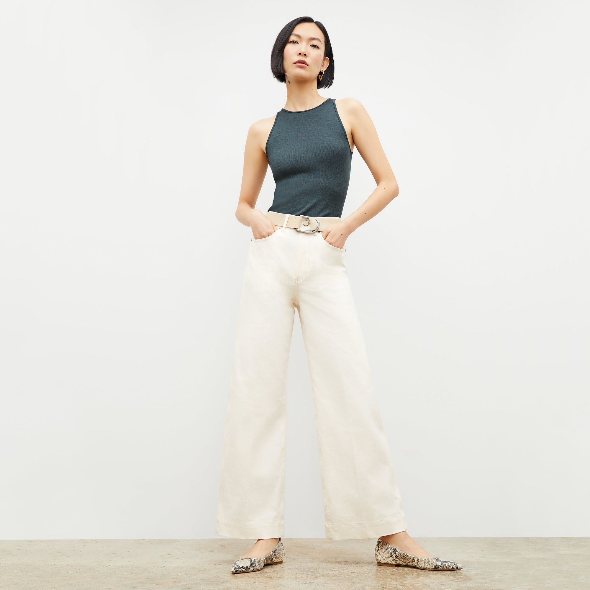 Front image of a woman wearing the Milo Jean in Tusk | Exclude
