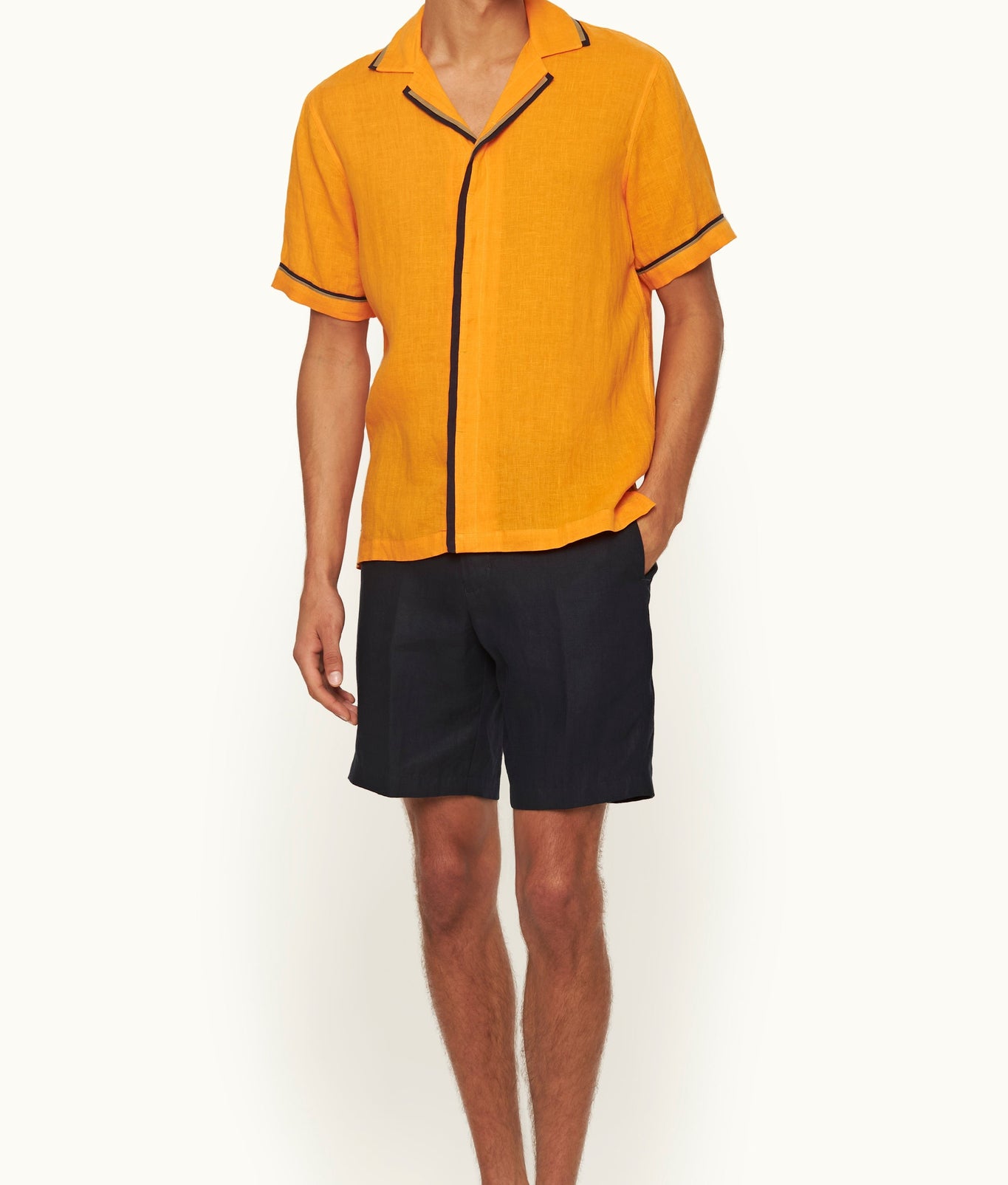 Maitan Lino Relaxed Fit Two-Tone Capri Collar Italian Linen Shirt | Calypso Orange/Agave/Night Iris
