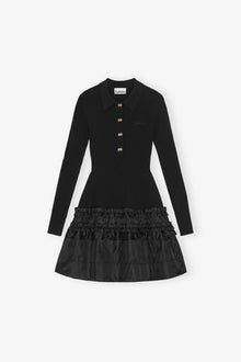 Mini Dress in Rib Knit Ruffle | Black