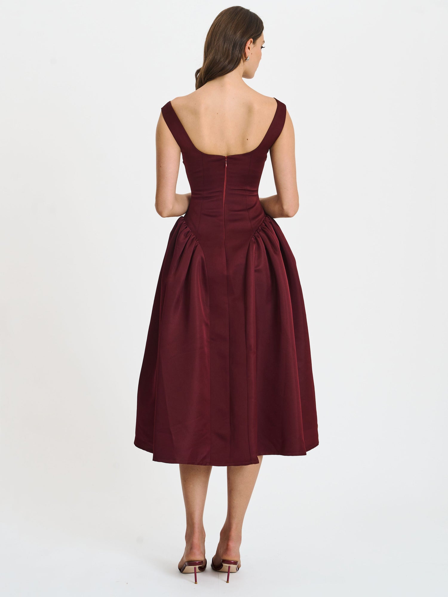 Omella Ruched Bust Sweetheart Flared Midi Dress | Burgundy