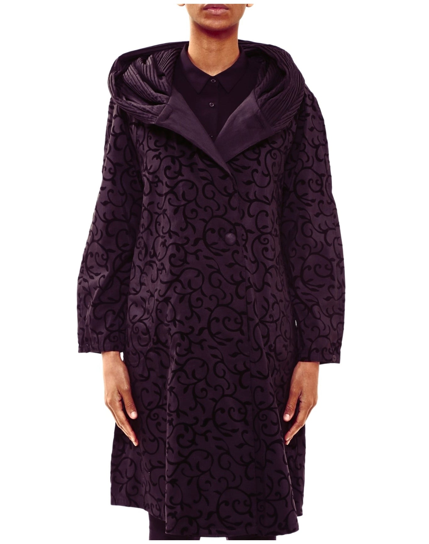 Mycra Pac | Women | Reversible Raincoat With A Signature Pleated Hood Featured In A Scroll Print II | Berry Scroll