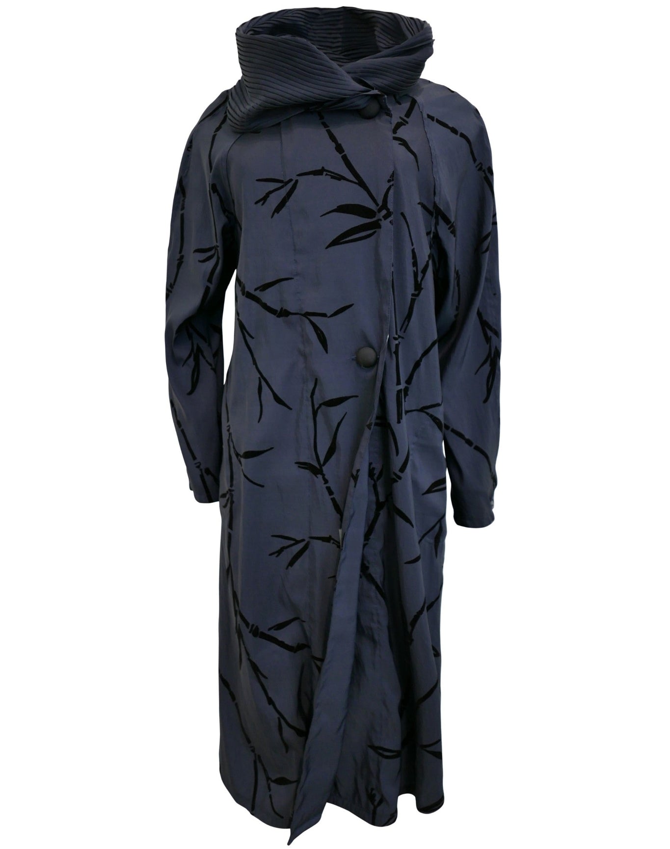 Mycra Pac | Women | Reversible Raincoat With A Signature Pleated Hood Featuring A Flocked Bamboo Print (Tea Length) | Twilight