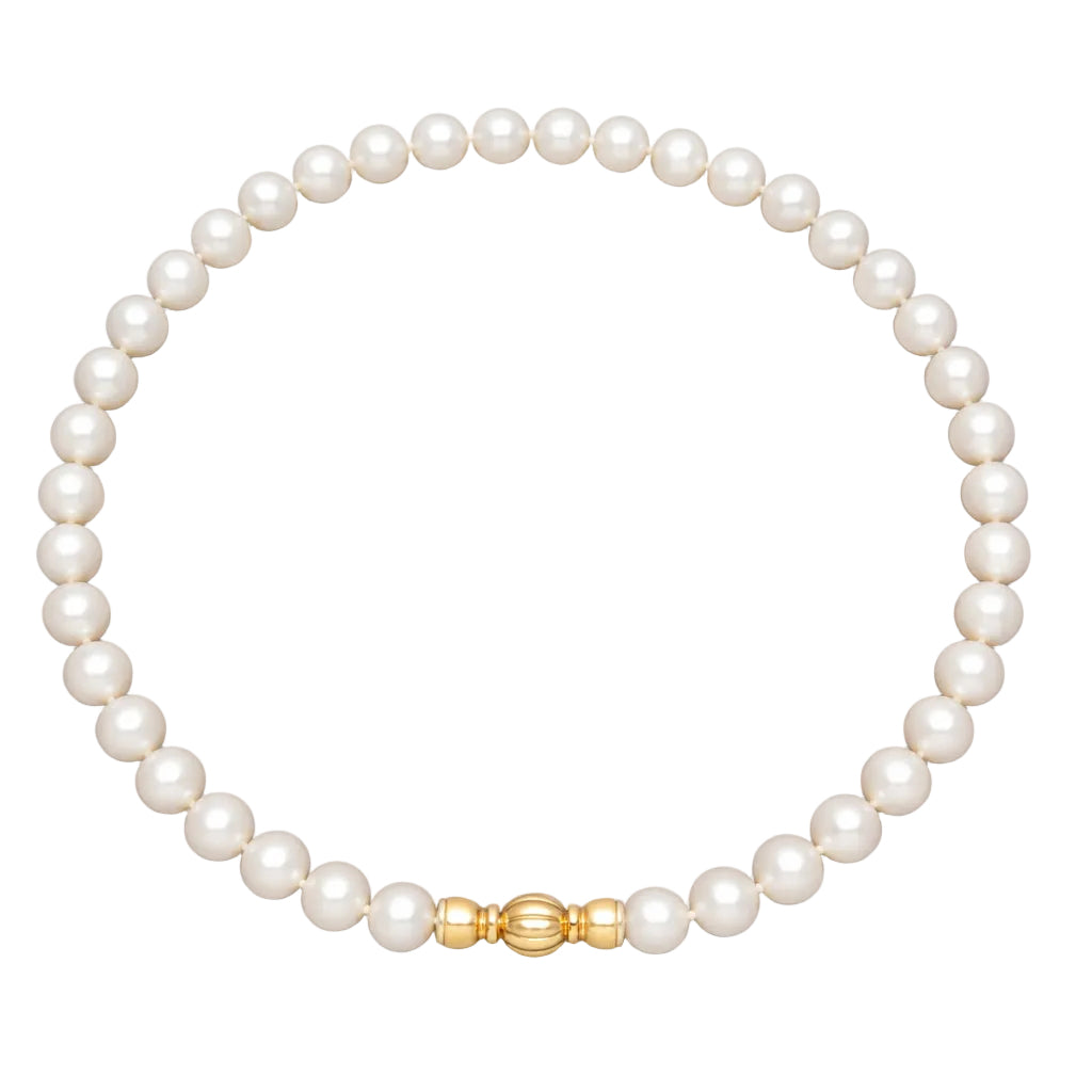 Womens | 10-11mm Round White Freshwater Pearl | AA Quality Strand Necklace | 14K Yellow Gold