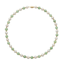 Womens | 7.5-8.5mm Round White Freshwater Pearl | Green Jade & Strand Necklace | 14K Yellow Gold