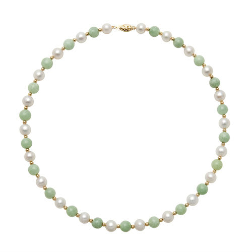 Womens | 7.5-8.5mm Round White Freshwater Pearl | Green Jade & Strand Necklace | 14K Yellow Gold