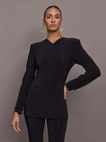 LS Shoulder Pad V Neck Zip Front Jacket | Black
