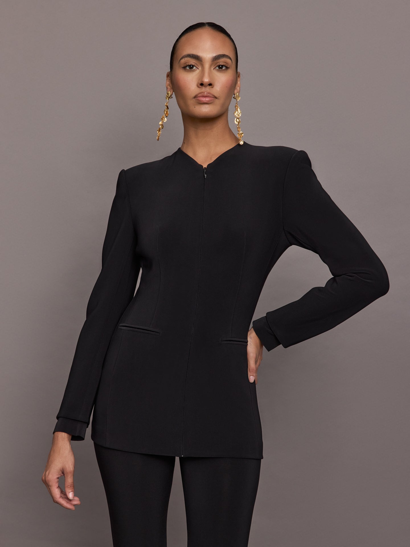 LS Shoulder Pad V Neck Zip Front Jacket | Black