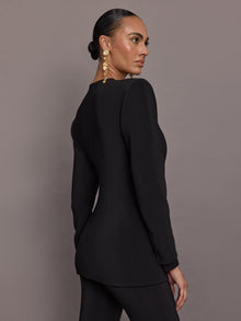 LS Shoulder Pad V Neck Zip Front Jacket | Black