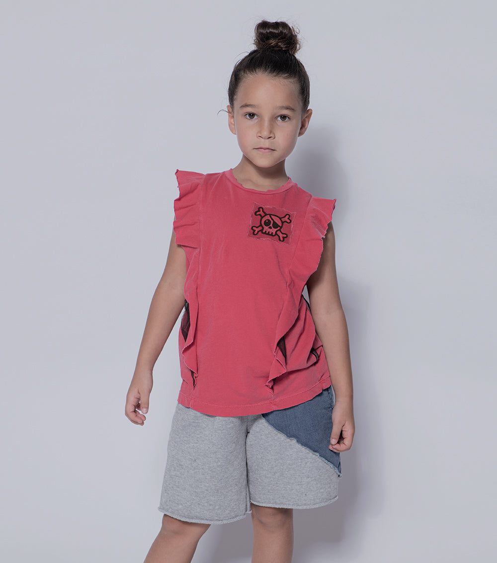 Kid | Skull Patch Ruffled Shirt | Vintage Red