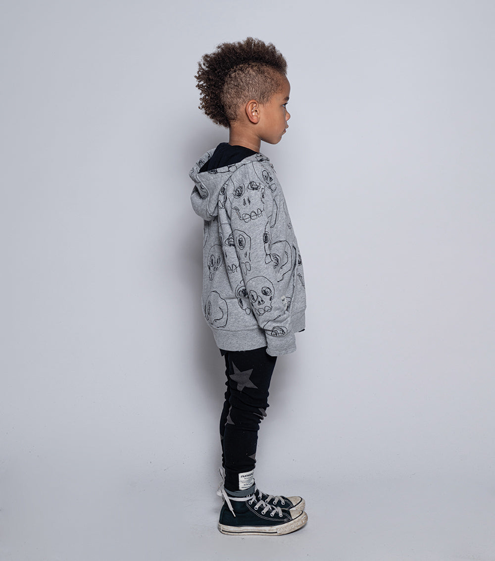 Kid | Scribbled Skulls Zip Hoodie | Heather Grey