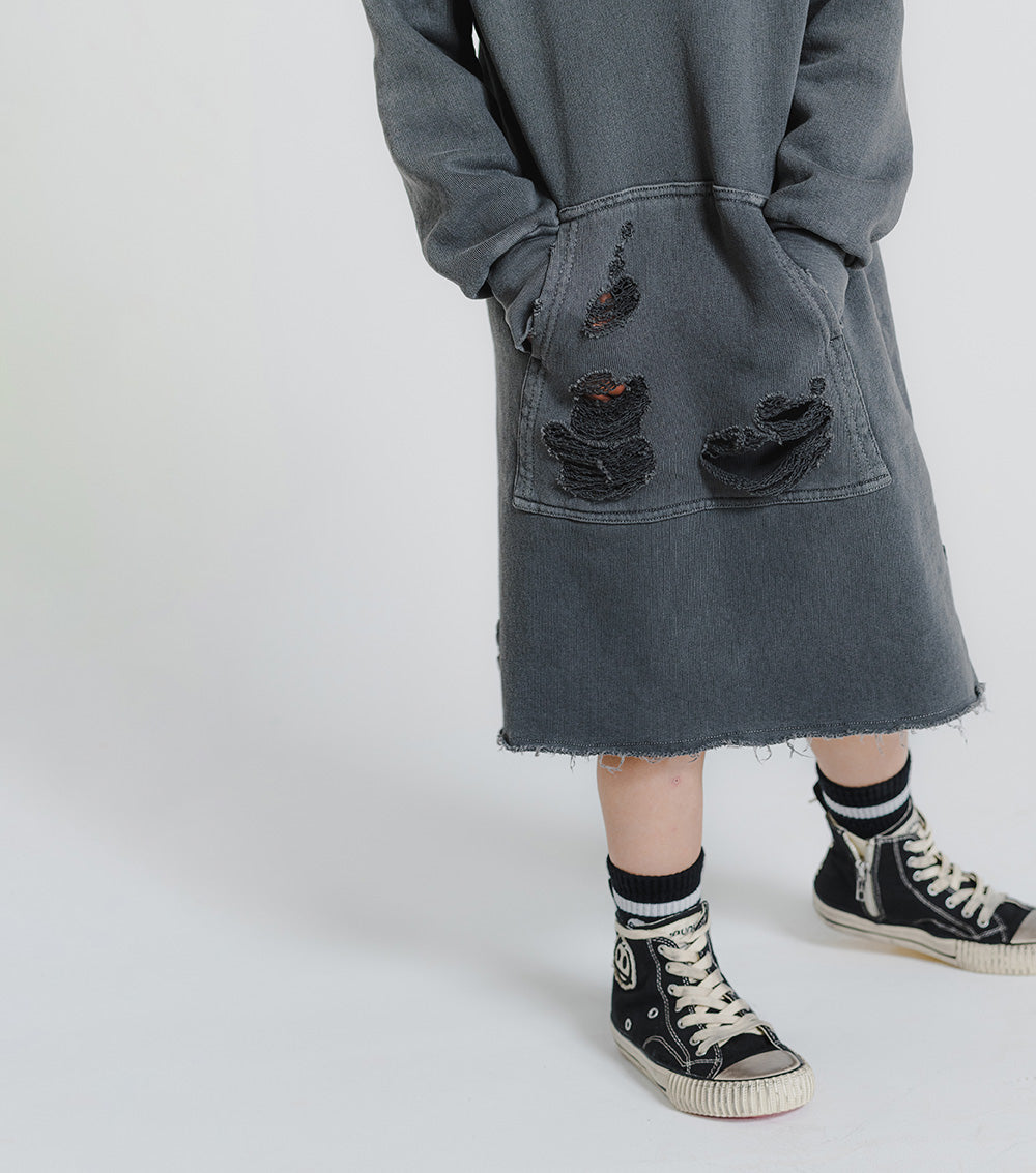 Kid | Deconstructed Hooded Dress | Dyed Graphite