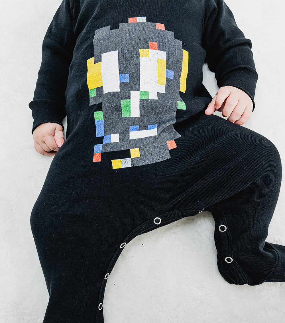 Newborn | Pixel Skull Footed Overall | Black