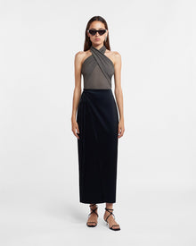 Racha Slip Satin Wrap Skirt | Black