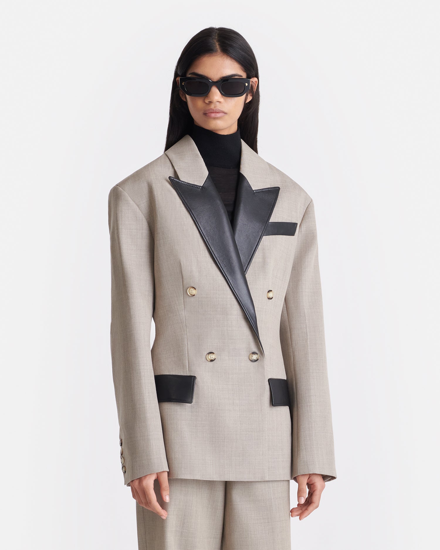 Pacey Cinched-Waist Leather And Twill-Suiting Blazer | Taupe/Black