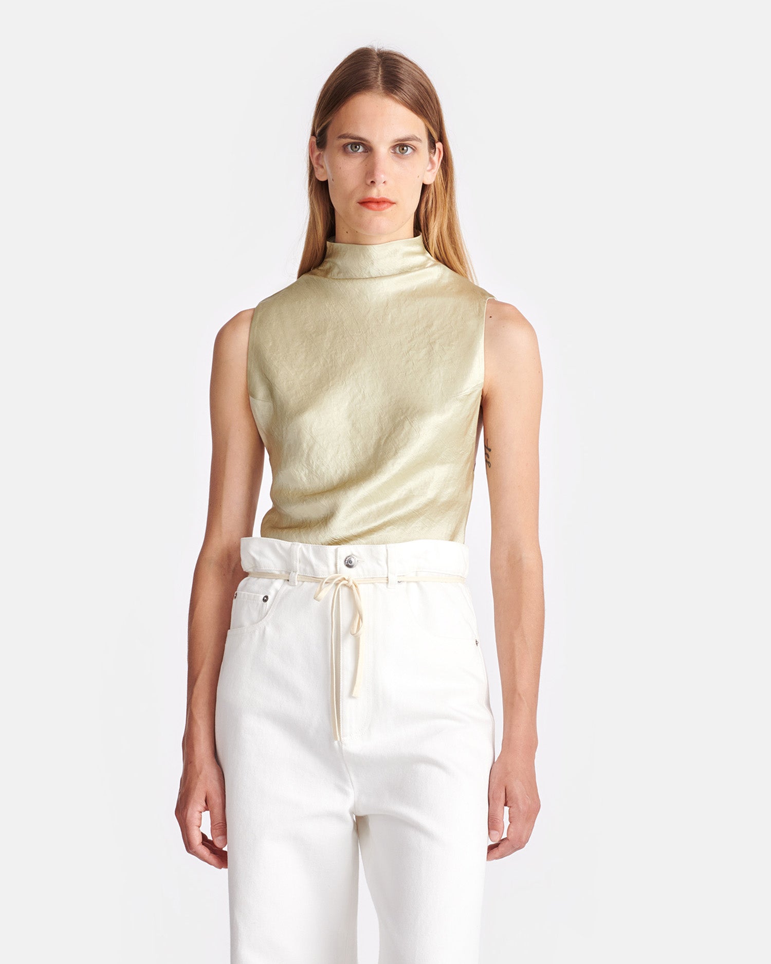 Colson Crinkled-Satin Turtleneck Top | Green Tea