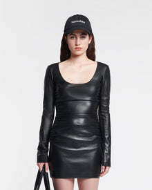 Sosha Ruched Okobor Alt-Leather Mini Dress | Black