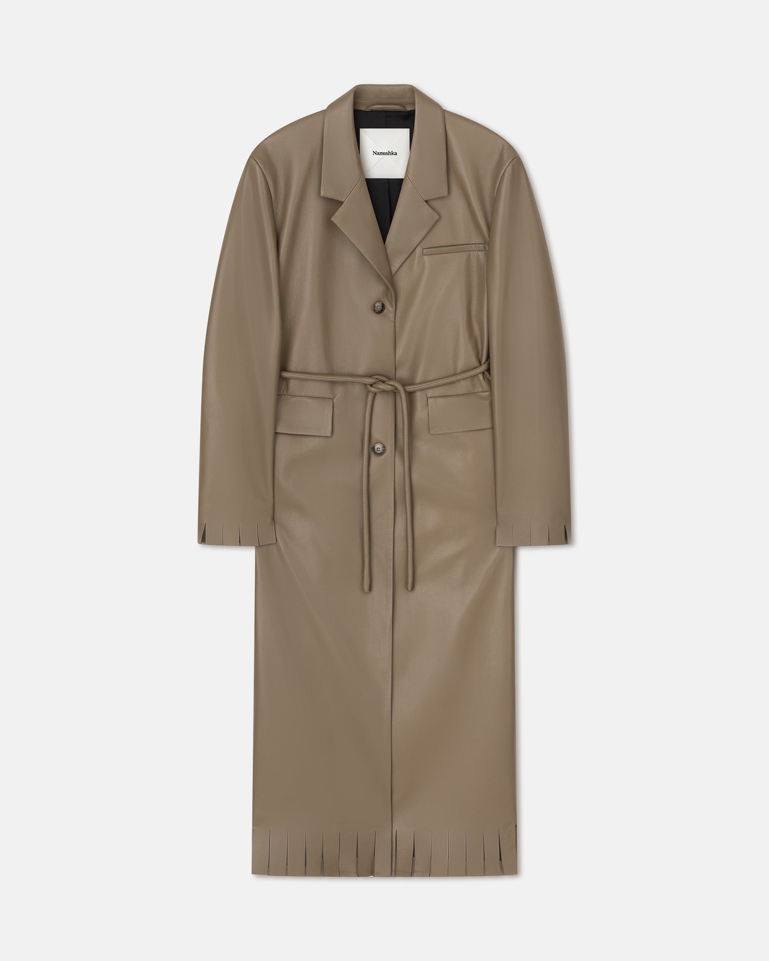 Nikoline Belted Regenerated Leather Coat | Muted Khaki