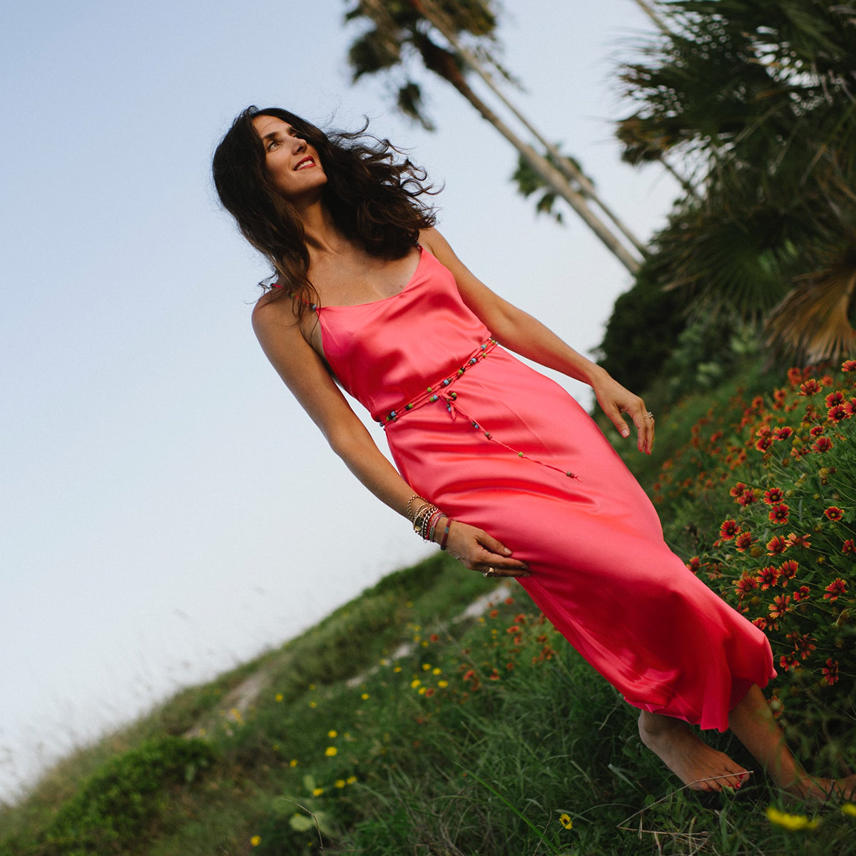 Beaded Strap Midi Slip Dress | Neon Coral