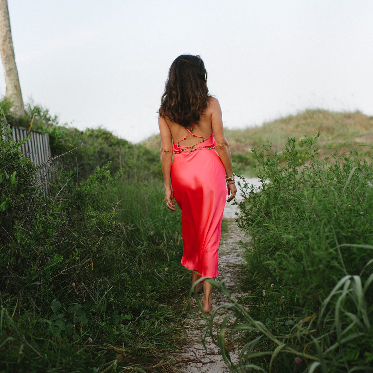 Beaded Strap Midi Slip Dress | Neon Coral